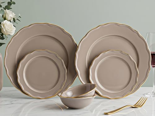 Image of Bodhi House 6-Piece Gold Rim Porcelain Dinner Set | Plates & Bowls Set | Lightweight, Chip Resistant, | Dishwasher Safe | Ideal for Home Dining & Gifting Set | Thunder Grey