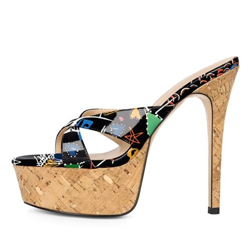 Image of Esvowido Heeled Mules for Women Cork Platform Stiletto Heels Slip on Open Toe High Heeled Sandals Crisscross Slippers Pumps Shoes