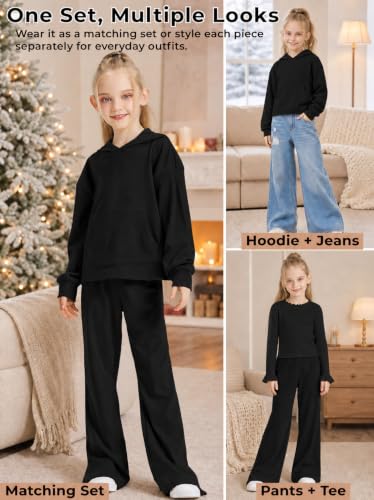 Image of Girls 2 Piece Hoodie Bell Bottom Sweatsuit Fall Outfit Set | Long Sleeve,front pocket,side-slit flare,machine washable,soft rayon-blend,skin-friendly,stretchy,durable