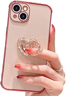 Teageo for iPhone 13 Case with Diamond Ring Holder, Girly Cute Glitter Heart Design Rotatable Finger Holder Stand Phone Cases Shockproof Plating Bumper Soft Silicone Back Cover, Pink
