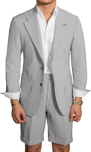 Mens Shorts Suits 2 Piece Seersucker Suit Slim Fit Two Button Blazer Short Pants Casual Set Summer Beach Wedding