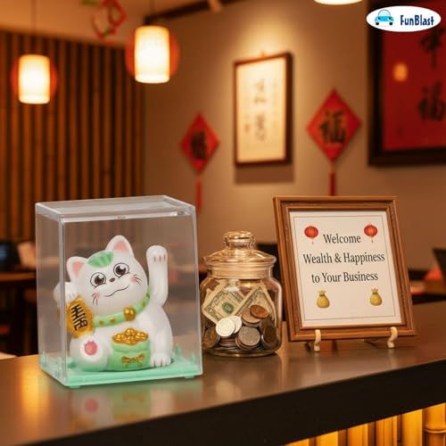Image of FunBlast Maneki Neko Lucky Cat, Waving Arm Solar Powered Good Luck Wealth Welcoming Display Car Decor Paw Up with Arm, Decor Item for Home, Office and Car (Green)
