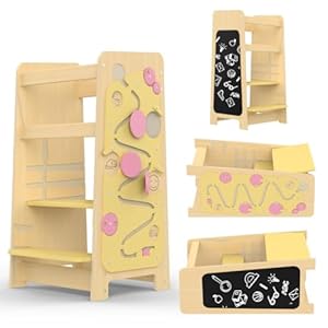 ToweRanger Toddler Learning Tower 5 in 1 Adjustable Height Toddler Tower and Kitchen Step Stool Anti Slip Kids Standing Stool for Kitchen Child Standing Platform with Chalkboard and Montessori