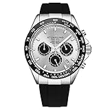 Stührling Cronografo al quarzo Aquamaster, quadrante argentato, corona a vite, lancette luminose, lunetta in ceramica, cinturino in gomma nera da uomo, cassa da 42 mm, data, resistente all
