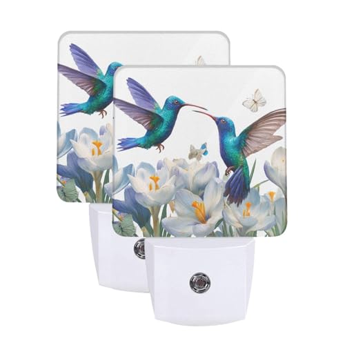 Image of Blue Hummingbirds Night Light Set of 2, White Flowers Auto Sensor LED Dusk-to-Dawn Nightlights, Plug-in Sensor Lamp for Bedroom Bathroom Kitchen Hallway Stairs Decorative