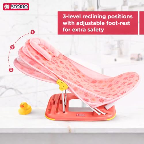 Image of Storio Newborn Baby Bather | Foldable 3-Position Adjustable Bath Chair for Infants 0-12 Months | Anti-Skid Base | Soft Washable Mesh Seat | Comfortable & Safe Bath Support for Babies up to 5Kg - Blue