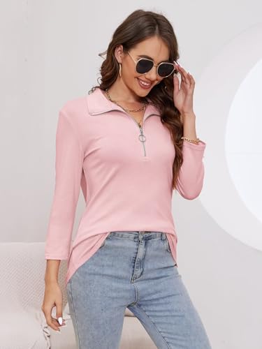 Minetom Women's V Neck 3/4 Sleeve Tops Quarter Zip Collared Shirts Polo Shirts Summer Tees3