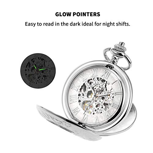 Treeweto Men's Mechanical Skeleton Pocket Watch For Mens Women Roman Numerals Dial Silver Tone Double Case Pocket Watches #TOP5