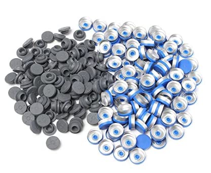 ND 100pcs Butyl Rubber Stopper Plug?Self Healing Injection Ports Solid Seal and 100pcs Aluminum FILP Off Cap for Glass Bottle Vials (20mm, red, 100)