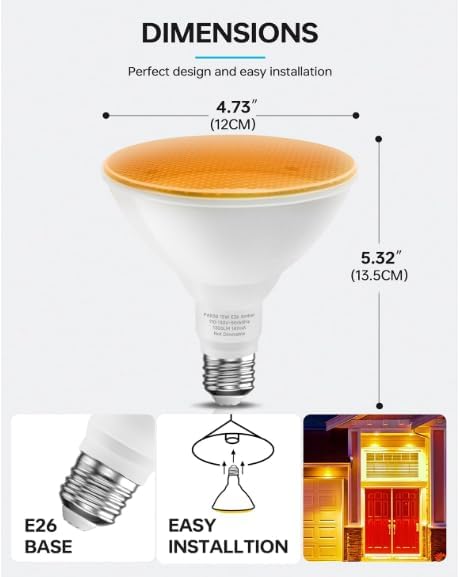Par38 Amber Yellow LED Light Bulbs Outdoor, 15W (150W Equivalent) 2000K E26 Base Flood Bug Lights for Porch/Hallway, Christmas Decorative Outside, Not DimmableLight Bulbs, 2 Pack