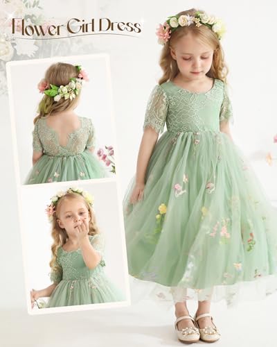 Flower Girl Lace Back V-Neck Dress Full-Length Floral Embroidered Toddler Tutu Tulle Dresses for Girls2