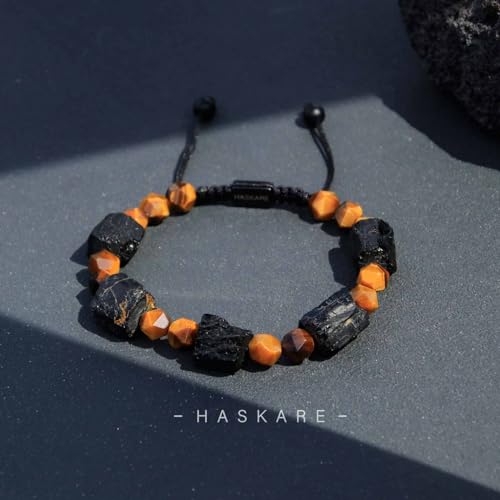 Mens Bracelet Beads Protection Crystals for Men, HASKARE Genuine Black Tourmaline Tiger Eye Stone Bracelets for Ultimate Protection, Drawstring Mens Bracelet Energy Beads Bracelets for Men Gift for Him2