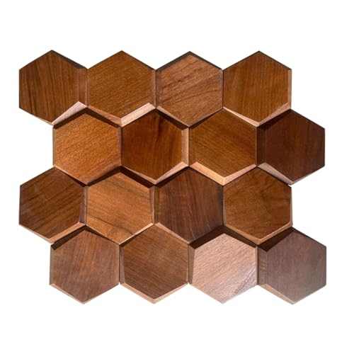 YOFUN 4-Pack 3D Solid Wood Walnut-Colored Hexagon Wall Panel Decoration