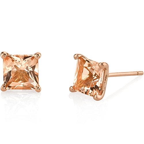 Peora Morganite Stud Earrings for Women in 14 Karat Rose Gold, Classic Solitaire Princess Cut, 6mm, 2 Carats total, Friction Back, Pink Peach Morganite Earrings, Fine Gold Jewelry