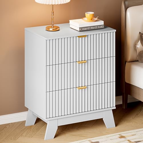 Image of BORNOON Fluted 3 Drawer Dresser, 30.3 inch Tall Compact Modern Boho Chest of Drawers, Wooden Storage Cabinet for Bedroom, Living Room, Entryway, Curved Profile Design