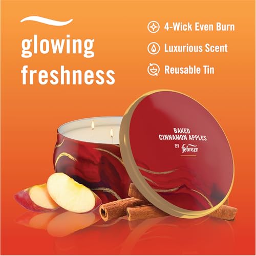Image of Febreze Scented Candle, Baked Cinnamon Apples Scent, 4 Wick Candle, Reusable Tin, Long Lasting Even Burn, 11oz, Single Pack