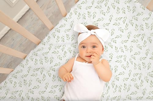 Image of TADO MUSLIN Baby Crib Sheets 2 PCS, 100% Organic Cotton Crib Sheet for Standard Crib Mattress(52 inchx 28 inch), Fitted and Soft Breathable Muslin Crib Mattress Sheet for Girl and Boy (Leaves, Green)