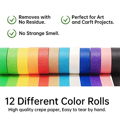 Quassi Colored Masking Tape, No Residue Painters Tape 12 Colors, Vibrant Rainbow Color For Artist Teacher, Arts And Crafts Diy, 1 Inch By 15 Yards, 12 Rolls #TOP3