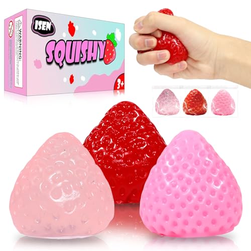 3 Pcs Big Taba Squishies Strawberry Toys,2.56inch Squishy Strawberry（Red，Clear，Pink）- Squishy Fidget Toys Set,Gifts for Kids, Party Favors - Cute Taba Handmade Stress Toys