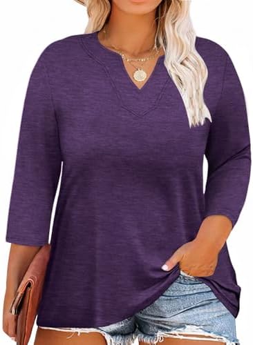 MK Shop Limited Plus Size Women Blouses V Neck 3/4 Sleeve Tops Casual Business Loose Fit Tunic T Shirts