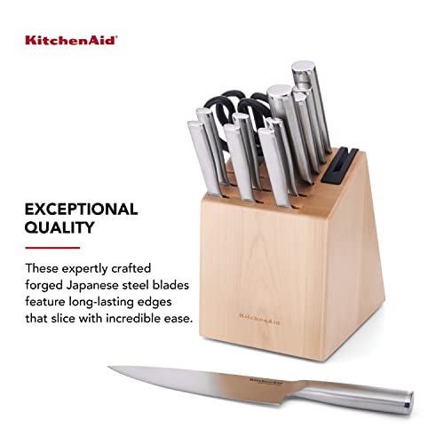 Image of KitchenAid Gourmet 14 piece Forged Stainless Steel Knife Block Set with Built in Knife Sharpener, Japanese Stainless Steel, Sharp Kitchen Knife Set with Block, Birchwood