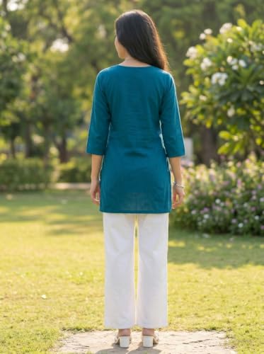 Image of Cotton Blend Embroidered Straight Kurta for Women | Cotton Blend | 3 /4 Sleeve | Round Neck V-Slit | Ethnic Wear Casual Wear