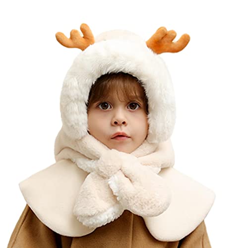 Toddler Winter Hat Scarf Earmuff Hood Scarves Set Unisex Kids Girls Plush Cold Caps Boys Cute Neck Warmer(3-12Years Old (White)