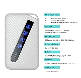 Calonny Mobile WiFi Portatile Hotspot 4G LTE Sim Router Cat4 150Mbps,3000mAh Batteria Ricaricabile, Modem Wi-Fi USB wireless,per Viaggio e sul Lavoro.non navigare, modifica APN