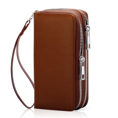 HAWEE Cellphone Wallet for Women Dual Zipper Long Purse with Removable Wristlet, Coffe Brown