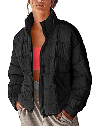 Xiaoxuemeng Womens Quilted Puffer Jacket Zip Up Lightweight Padded Coat Outwear (Black-L)