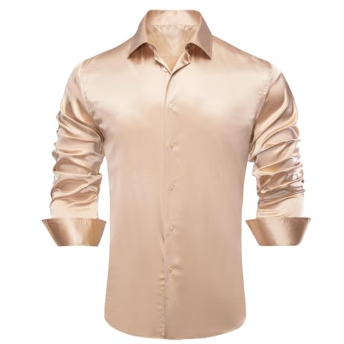 Image of Hi-Tie Men's Silk Satin Dress Shirts Long Sleeve Shiny Casual Button Up Shirts Luxury Party Disco Prom Wedding Shirt
