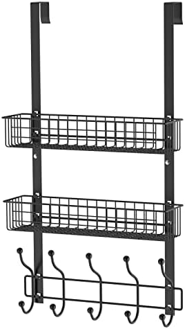MILIJIA Coat Rack, Over The Door Hanger with Mesh Basket, Detachable Storage Shelf for Towels, Hats, Handbags, Coats (Black-2 Layer)