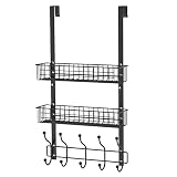 MILIJIA Coat Rack, Over The Door Hanger with Mesh Basket, Detachable Storage Shelf for Towels, Hats,