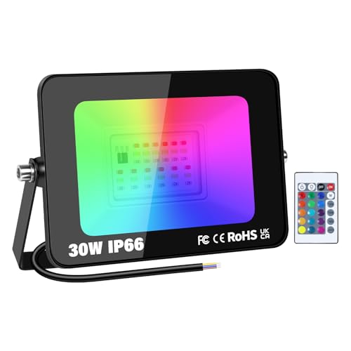 RIGIDON 30W RGB Projecteur LED Extérieurs avec Télécommande, RVB Projecteur LED Exterieur Interieur Couleur, 16 Couleurs 4 Modes Neon Spot Led pour Jadin...