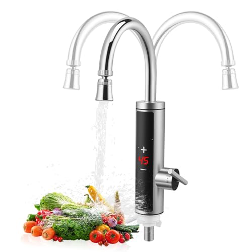 Robinet Électrique avec Chauffe-eau Instantané, 3600W Robinet Chauffant en Acier Inoxydable, Сhauffe-Eau de Cuisine Avec Col Flexible et Affichage de la Température, pour Cuisine, Salle de Bain