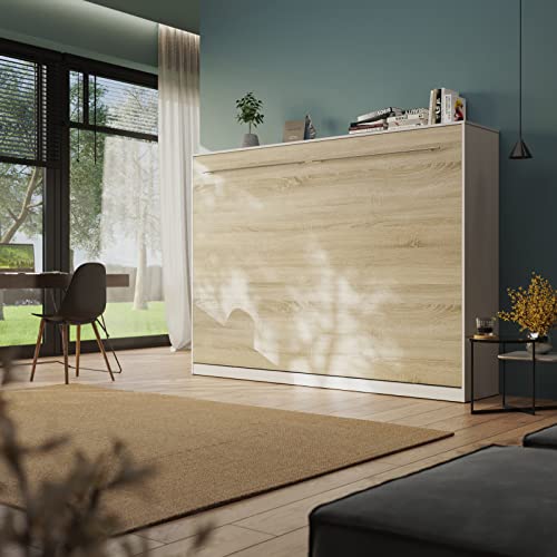 Schrankbett Standard 140x200 Horizontal Weiß/Eiche Sonoma ausklappbares Wandbett, ideal geeignet als Wandklappbett fürs Gästezimmer, Büro, Wohnzimmer, Schlafzimmer