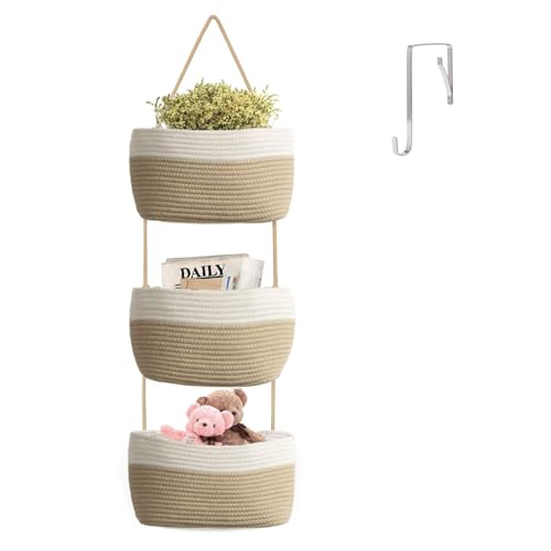 Image of Reodolop Over The Door Hanging Basket,3-Tier Wall Hanging Basket,Cotton Rope Wall Hanging Organizer,Decorative Door Storage Basket, Storage Space for Bedroom,Bathroom,Living Room,Duotone
