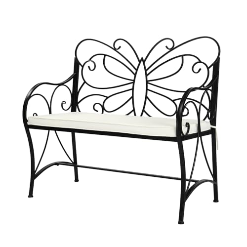 Image of VINGLI 38.7in Cast Iron Outdoor Bench with Cushion, All Weather Resistant Metal Bench with Curved Armrests and Butterfly Pattern Backrest, 1-2 Person Patio Bench for Garden Porch Park Yard (Black