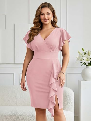 Image of Miusol Women's Plus Size Vintage V Neck Ruffles Sleeve Bodycon Business Cocktail Party Pencil Dress