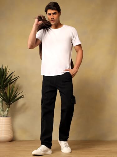 Image of KOTTY Mens Solid|Mid Rise| Utility Pocket|Button|Ankle Length Cargo Jeans