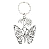 Vintage Butterfly Keychain - Antique Silver Floral Key Chains for Women, Rustic Bee & Flower Bag Charms, Boho Gift