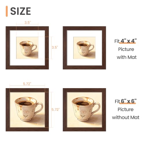 Image of upsimples 6x6 Picture Frame, Display Pictures 4x4 with Mat or 6 x 6 Without, Wall Hanging Square Frames, Brown, 1 Pack