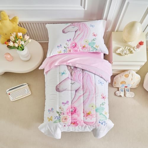 Image of Unicorn Toddler Bedding Set for Girls Light Pink Unicorn Flowers 4PC Toddler Bed Set - Soft Blue Yellow Butterfly Cute Princess Toddler Bed in a Bag with Pink Sheet Set and Pillow Shams