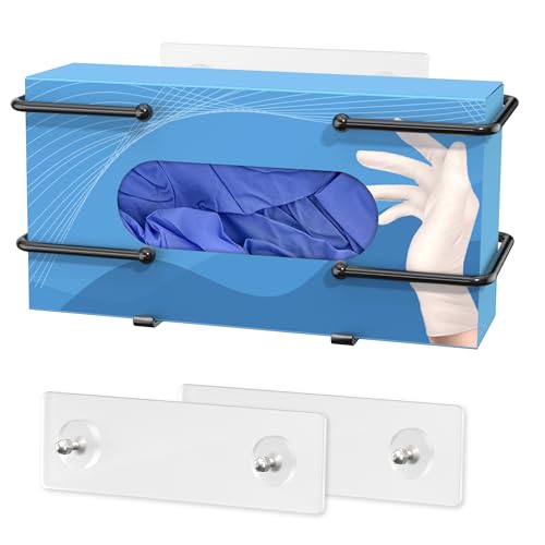 Glove Box Holder, Adhesive Wall-Mounted Metal Dispenser, Tool-Free Organizer for Rubber Latex Gloves, Facial Tissue and Storage, Black