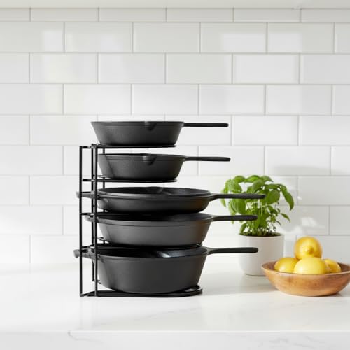 Image of Metal Pan and Pot Stand, Multipurpose Dish Drying and Storage Stand for Plates, Lids & Chopping Boards, Rust-Resistant Black Finish
