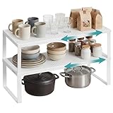 SONGMICS Juego de 2 Especieros, Extensibles, Organizador de Cocina, Estante de Cocina, Organizador de Armario, Estante Pequeño, Metal, Encimera, Mesa, Zapatero, Blanco Mate KCS402W01