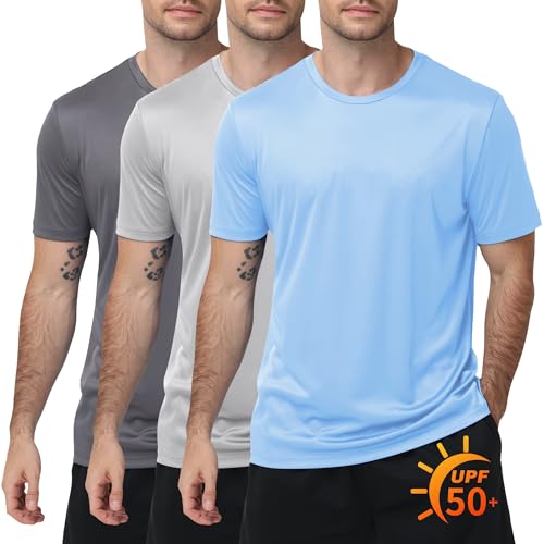 Image of 3 Pack Mens Swim Shirt Workout Shirts UPF 50+ Short Sleeve Rash Guard Fast Dry Sun Protection Lightweight Water Shirt