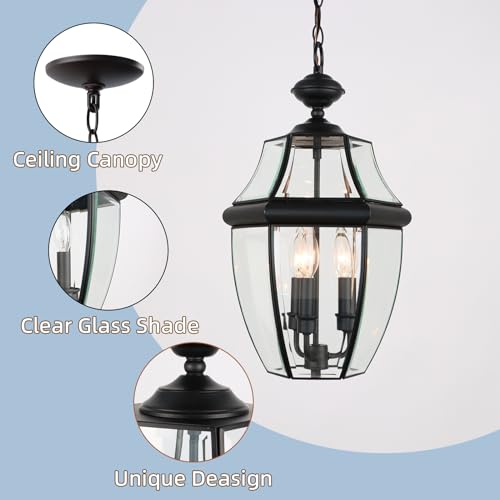 Image of Large Outdoor Pendant Light Fixture 3-Light, 20in Modern Black Outdoor Chandelier Hanging Porch Light, Metal Exterior Ceiling Mount Hanging Lantern with Clear Glass for Front Door, Entrance, Gazebo