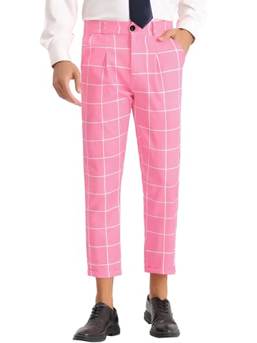 Lars Amadeus Pink Plaid Cropped Dress Pants for Men's Pleated Front Checked Printed Trousers 38