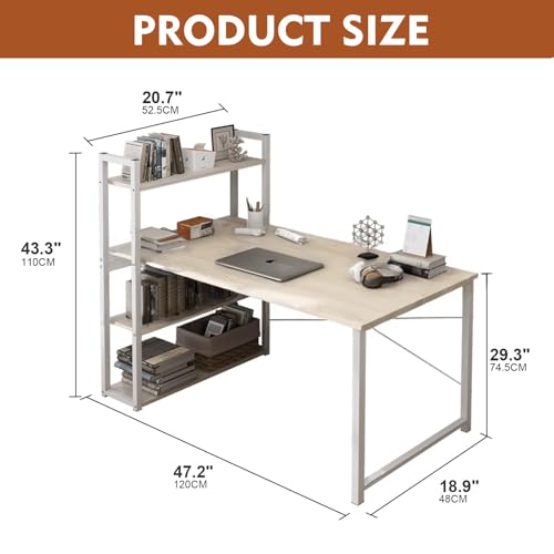SKY-TOUCH Modern Computer Desk with Bookshelf, 4 Tier Study Table, Office Corner Desk with Shelves, Home Office Desk, Easy Assemble, 120x48cm